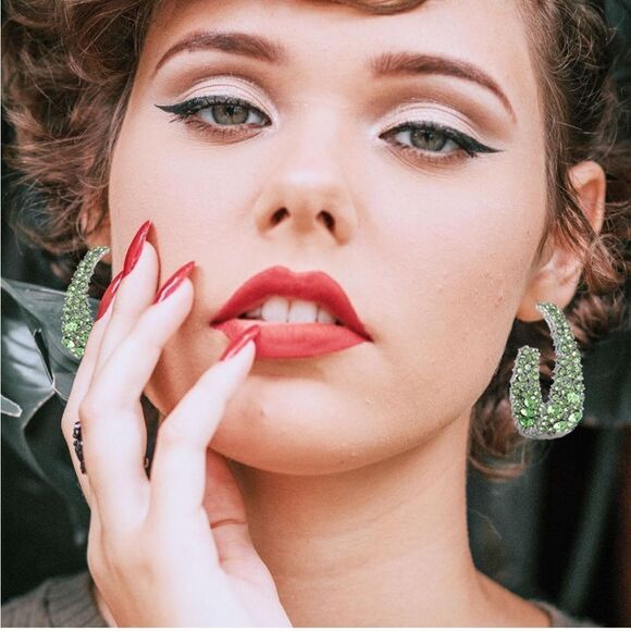 18k White Gold and 925 Sterling Silver with Green Peridot Crystal Hoop Earrings - Picture 4 of 5